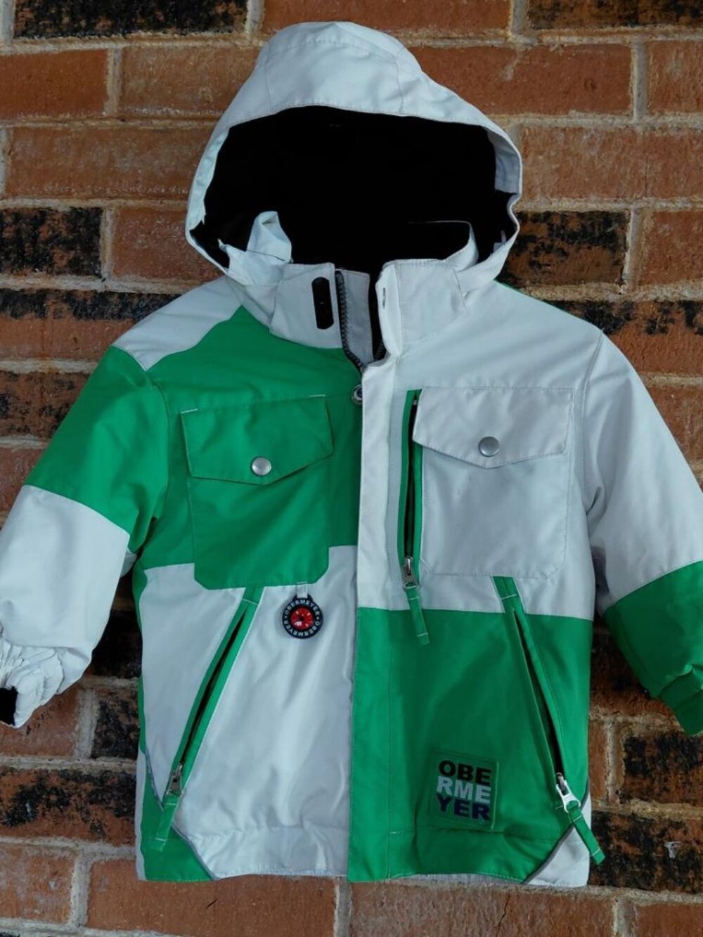 Obermeyer White/Green Hooded Ski Jacket